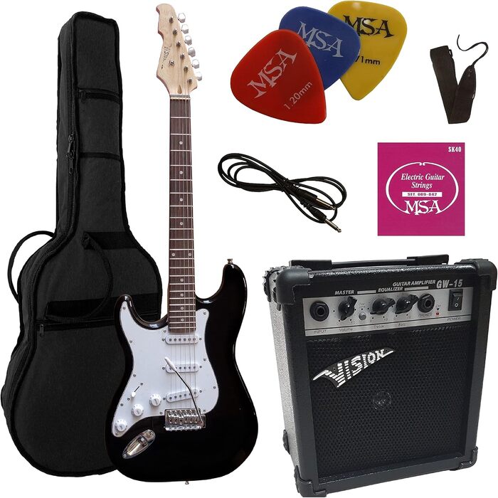 Електрогітара чорна для лівшів у комплекті з підсилювачем 20W, чохлом, ремінком, струнами та 3 медіаторами St5 Lefthand