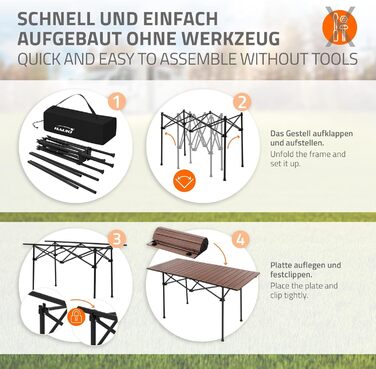 Стіл для кемпінгу Hauki, розкладний, коричневий, 118 x 55 x 64,5 см, алюмінієвий, з мотузковою поверхнею, для відпочинку, саду, балкону, подорожей, ринку, з сумкою, колір: коричневий (темне дерево)