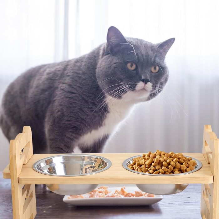 Підвищена годівниця для собак з бамбука з регулюванням висоти, 2 миски з нержавіючої сталі, нахилена годівниця для собак та котів, міцна