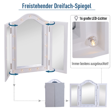 HOMCOM Vanity Mirror with 16 LED Lights - Freestanding, 180° Swivel, Battery-Powered, White, 3 Mirror Panels, 28.7 x 20.7 x 1.8 inches