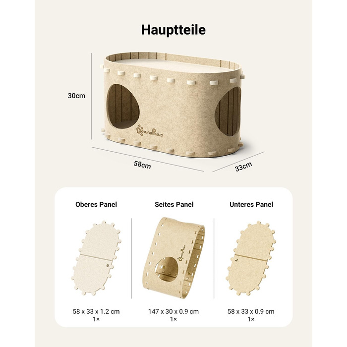 Felt Cat Cave, Felt Cat House, Cat Bed, Cat Cave for Cats, 58 x 33 x 30cm, Peek-a-Boo for Play, Winter-Proof, Nail Protection, Beige