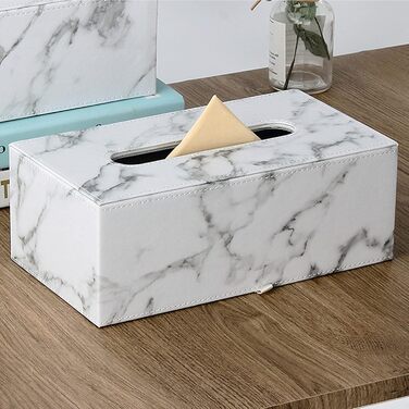 Тримач для серветок з екошкіри PU, прямокутна коробка-диспенсер для паперових рушників з магнітним дном для дому, офісу та авто (Білий мармуруваний)