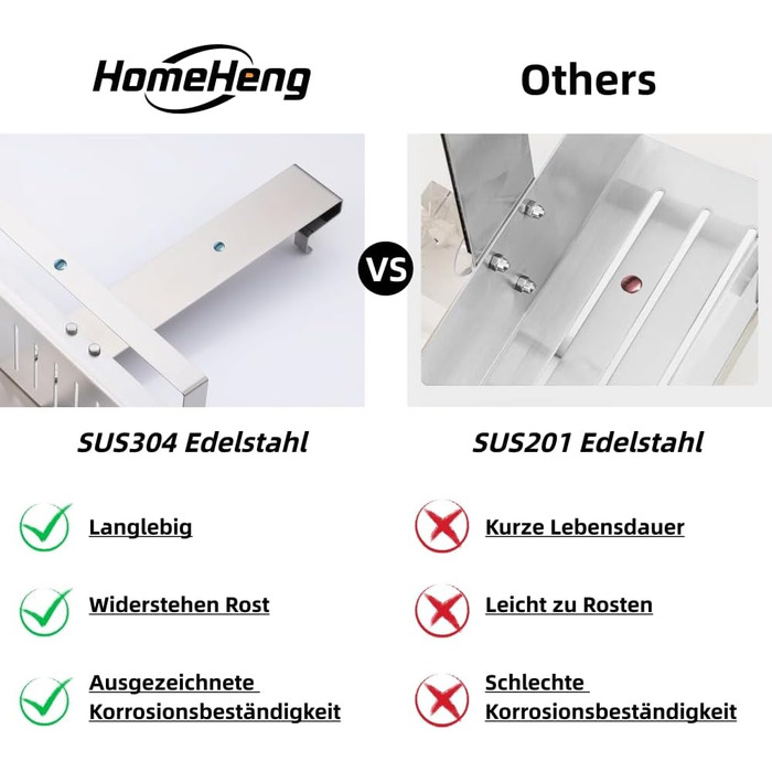 HomeHeng Hanging Shower Shelf, Stainless Steel Hanging Shower Basket, Brushed Nickel Hanging Shower Shelf with Hooks for Glass Shower Enclosure, H30BN-1DH