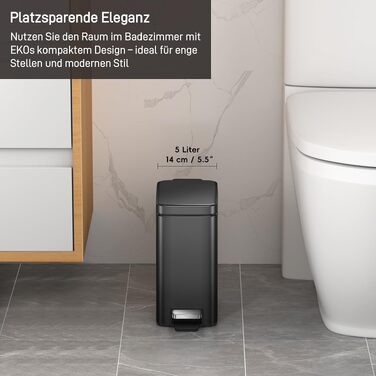 Сміттєвий відер EKO Genie 5 л для ванної кімнати та офісу, вузький педальний кошик із нержавіючої сталі з м'яким закриттям (Soft-Close) та внутрішнім відром, матовий чорний