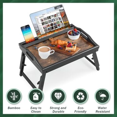 Регульований стіл-поднос для сніданку з бамбука з підставкою для телефону (2 шт.)