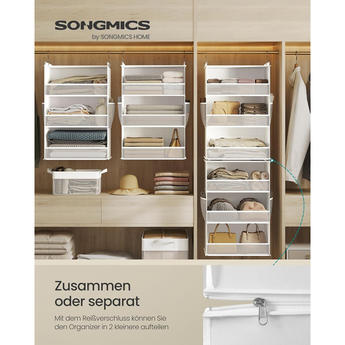 Органайзер для шафи SONGMICS, роздільник полиць, навісна полиця, розкладний органайзер, металеві гачки та бамбукові вставки, білий (RCH007W01)