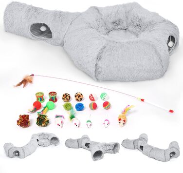 Odoland Cat Tunnel - Large Cats, Foldable Cat Tunnel with Play Ball Cat Bed, Multifunctional Crinkle Tunnel Cat Cave Interactive Toy for Indoor Kittens