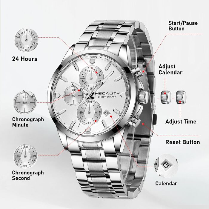 MEGALITH Чоловічий годинник з нержавіючої сталі, Хронограф, Водостійкий, Аналоговий годинник для чоловіків, Бізнес-дизайн, Календар, Світіння (B-silver)