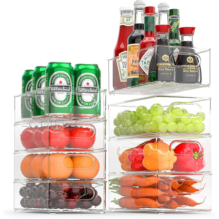 FINEW Refrigerator Organizer 12-Piece Set (4 Small, 4 Medium, 4 Large), Stackable Refrigerator Containers, Transparent Storage Boxes for Kitchen, Pantry, Cabinets, Sink, Bathroom - BPA Free (8 PCS - 4 Medium / 4 Large)