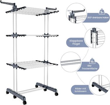 Клатковий сушильник для білизни Turm з 6 крил та 2 обертовими бічними крилами - сірий S