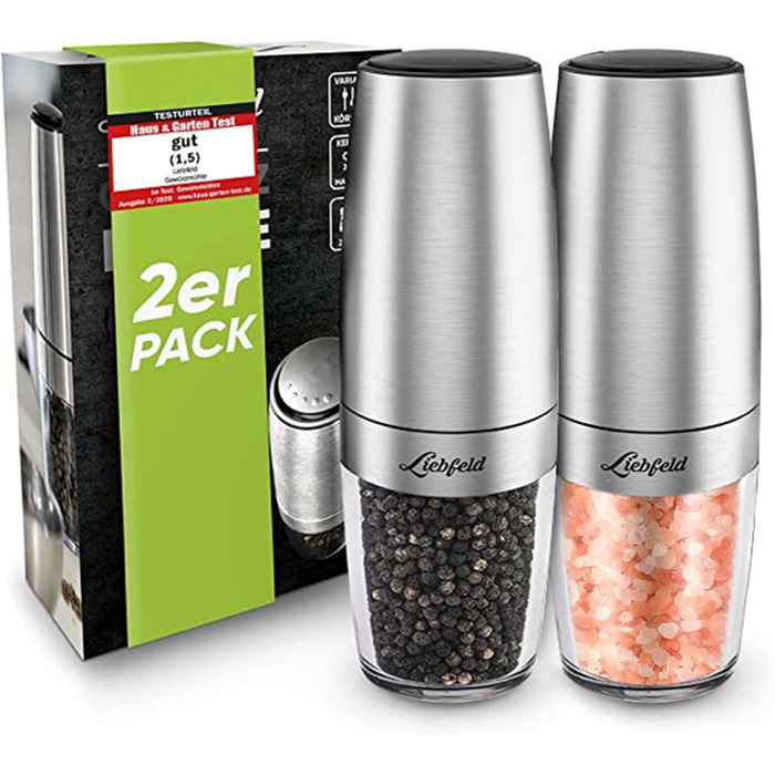 Електричні млини для солі та перцю Liebfeld (2 шт.) з датчиком нахилу - набір з нержавіючої сталі з керамічним жорном