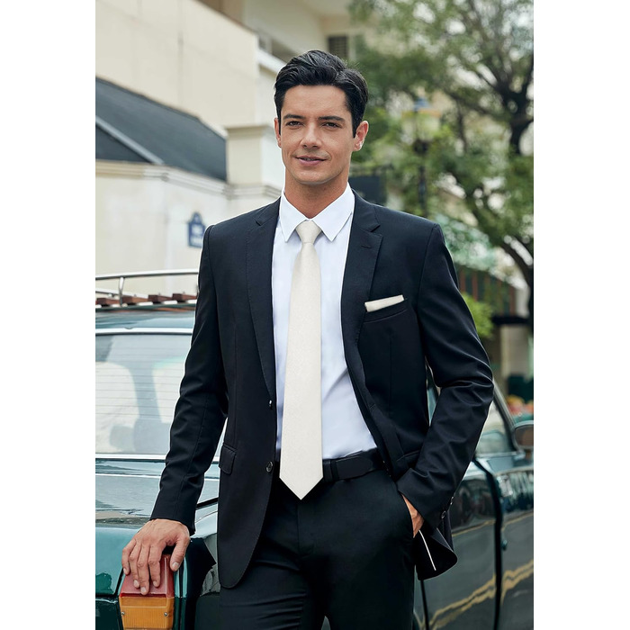 Краватка для чоловіків Hisdern однотонна формальна з кишеньковим хустинкою, комплект. Класичний стиль, для весілля, бізнесу, вечірок (Бежевий)