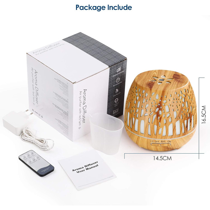 Дифузор Aroma Simpeak 400 мл, ультразвуковий аромадифузор з дерева для ефірних олій, зволожувач повітря з пультом дистанційного керування - дерев'яна різьба, світло-коричневий, легке дерево