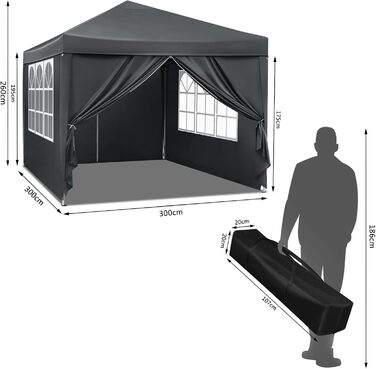 WOLTU Pop-Up Pavilion, Waterproof Folding Pavilion, Sun Shade Event Pavilion with Side Walls, Garden Pavilion for Patio, Camping, Festival, Pagoda Tent from Oxford Fabric and Metal Frame, 3 x 3 m (Anthracite)