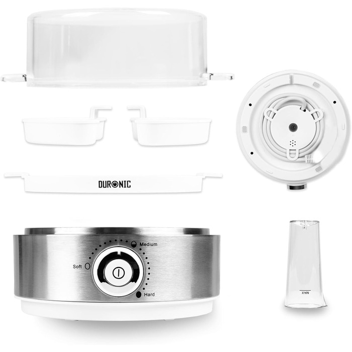 Електричний яйцеварка Duronic EB27 WE: для 1-7 яєць, регулювання ступеня готовності, таймер, захист від перегріву, мірна склянка та знімач яєць