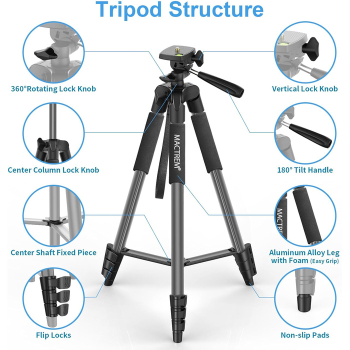 Штатив Handy Upgrade 165 см для камери, смартфона, iPad. 360° обертання, портативний трипод з пультом дистанційного керування. Сумісний з усіма телефонами, iPhone, Samsung, камерами, GoPro (сірий)