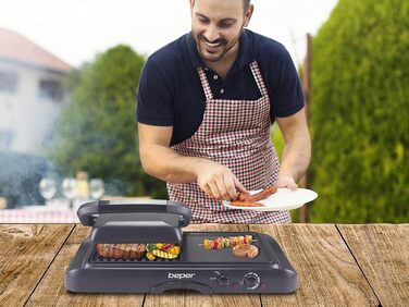 BEPER Electric Grill with Glass Lid - Non-Stick Coated Plate, Stainless Steel, 1600W