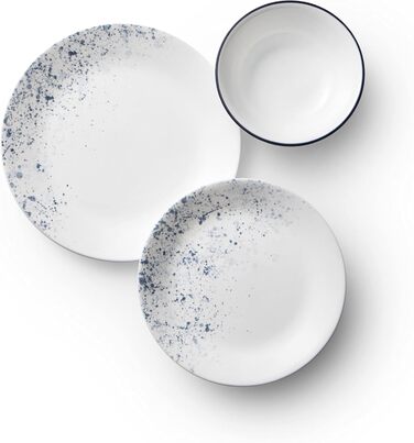 Corelle набір посуду 18 предметів, Indigo Speckle, блакитно-білий, на 6 осіб. Стійкий до сколів, включає великі тарілки 26 см, салатові/сімейні тарілки 17 см та супові/кашові миски 530 мл