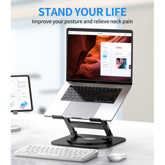 AOEVI Adjustable Laptop Stand with 360° Swivel Base - Ergonomic Foldable Laptop Riser for Desk - Compatible with MacBook Pro/Air & Notebooks up to 16 inches - Black