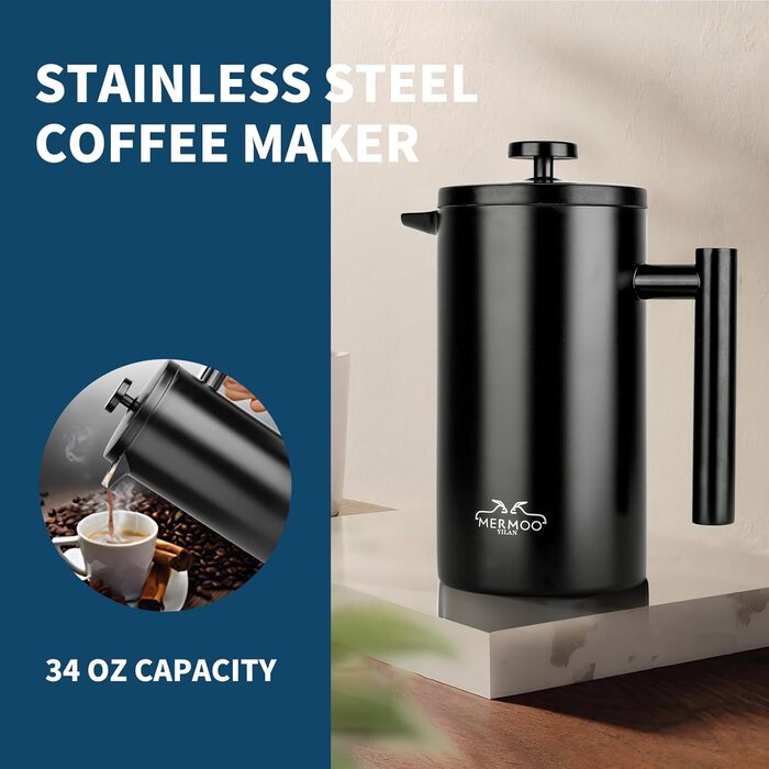Френч-прес MERMOO YILAN 1L з нержавіючої сталі: термоізольований кавовар для кемпінгу, з подвійними стінками, 1000 мл (чорний)
