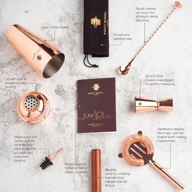 Rusty Barrel Roségold Cocktail Shaker Set - Premium Stainless Steel Bar Set with Shaker, Muddler, Strainer, Jigger, Spout, Spoon, Recipe Book & Gift Box