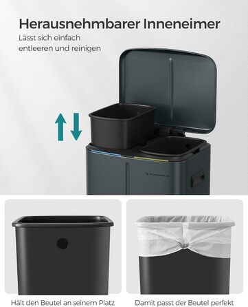 SONGMICS Відро для сміття 40 л з 2 відсіками, 2 x 20 л, з педаллю, з металу, з пластиковим внутрішнім відром, з кришкою, з ручками, Softclose, герметичне, біле LTB40WT (зелено-сіре)