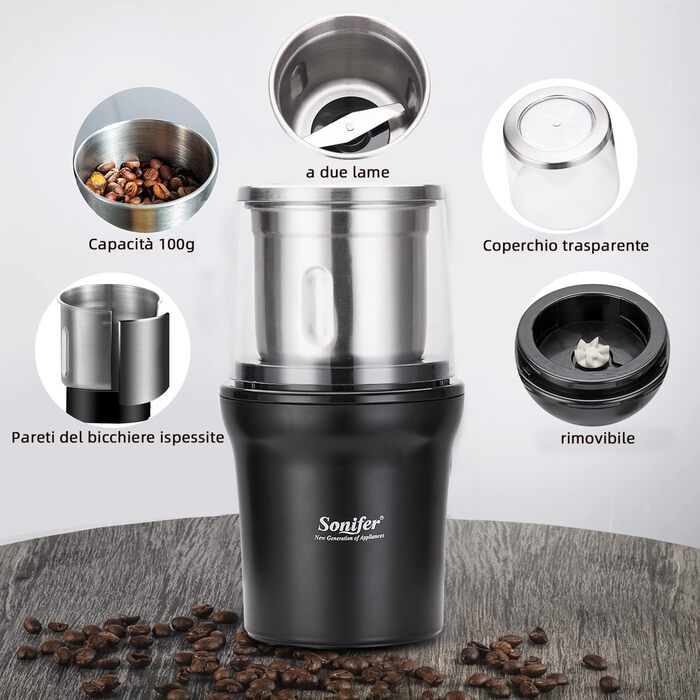 Electric Spice Grinder Coffee Grinder 100g Capacity 300W Power Removable Stainless Steel Container for Grinding Coffee Beans, Nuts, Spices, Grains, and Herbs