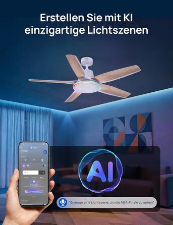 DREO Стельовий вентилятор з LED підсвіткою 132 см, диммування, RGB, DC мотор, управління через додаток та Alexa, білий
