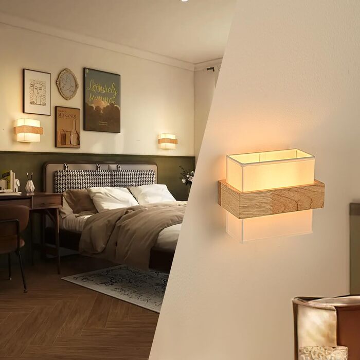 Настінний світильник Gleonlux Wandleuchte Holz, Внутрішнє освітлення в стилі ретро, Boho, Industrial, для дому, сходи, вітальня, спальня, коридор, матеріал: дерево, тканина, цоколь E14, розмір 22.5x13x20 см