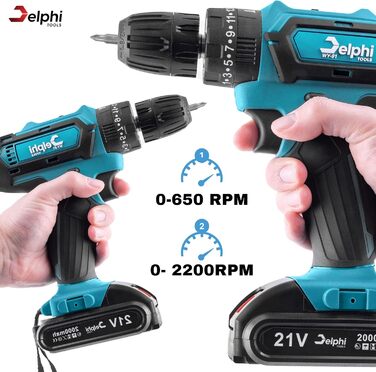 DELPHI 21V акумуляторний шуруповерт Set з 2 акумуляторами, 2 швидкості, 24 ступені крутного моменту, LED-підсвічування, для DIY-проєктів, 41-елементний набір з кейсом