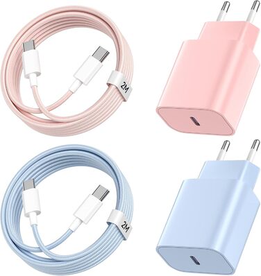 Зарядний пристрій USB-C 20W з кабелем Type-C 2м для iPhone 16/15/Pro/Air, комплект 2 шт. (Синій+Рожевий)