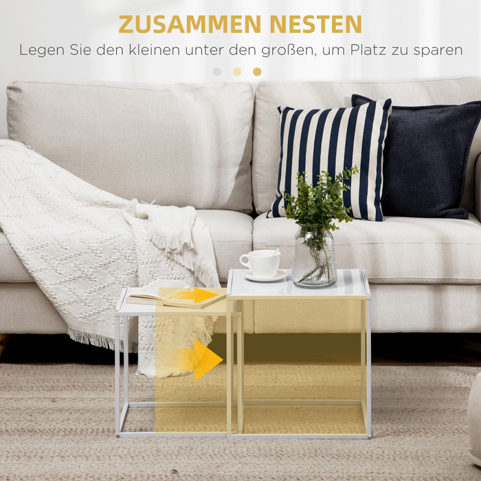 HOMCOM 2-Piece Coffee Table Set, Square Side Table, Coffee Table with Steel Frame, Sofa Table in Modern Design, for Living Room, Holds up to 10 kg, White | Aosom