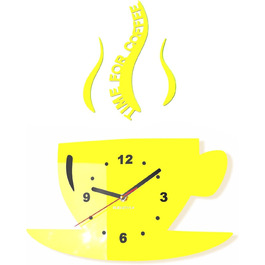 FLEXISTYLE Coffee Time Mug Wall Clock, Modern Kitchen, 3D Roman Numerals, Wall Clock Décor, 32 x 19 cm (32 x 19 cm, Lemon Yellow)