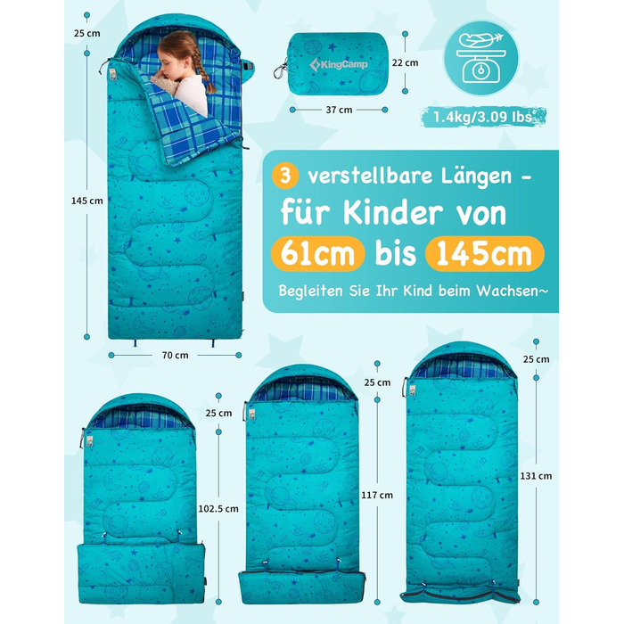 KingCamp Kids Sleeping Bag - Winter Warmth, 3-4 Season Comfort for Camping & Trekking - 170x70cm, 7°C Rating