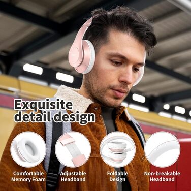 Бездротові навушники Uliptz Over-Ear Bluetooth з 65 годинами роботи, 6 EQ-режимів, HiFi стерео, складні, для подорожей/офісу/телефону/ПК (Рожеве золото)