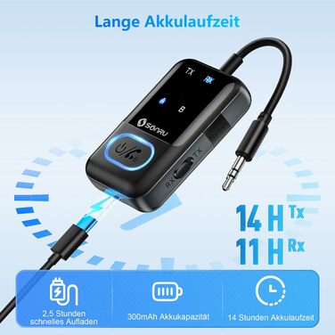 Bluetooth 5.3 адаптер-трансмітер SONRU 2 в 1, приймач та передавач AUX 3.5мм для навушників, телевізора, авто та літака, глибокий чорний