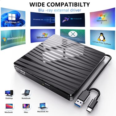 Зовнішній DVD-привід USB 3.0 та Type-C, портативний CD/DVD+/-RW записувач (Blu-ray) для ноутбука, ПК, MacBook, Windows, macOS, Linux