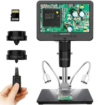 Цифровий мікроскоп Andonstar AD246S-M з 7-дюймовим екраном, 2000x, 3 об'єктиви, 2160P UHD відеозапис, 32GB карта пам'яті
