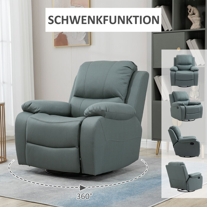 HOMCOM Swivel TV Chair, 135° Reclining, Weight Capacity 330 lbs, Reclining Chair with Footrest for Living Room & Bedroom, Polyester, Green