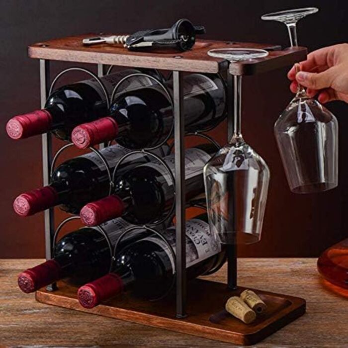 Wine rack for 6 bottles, wine bottle holder, 3 tiers, with 2 wine glasses.