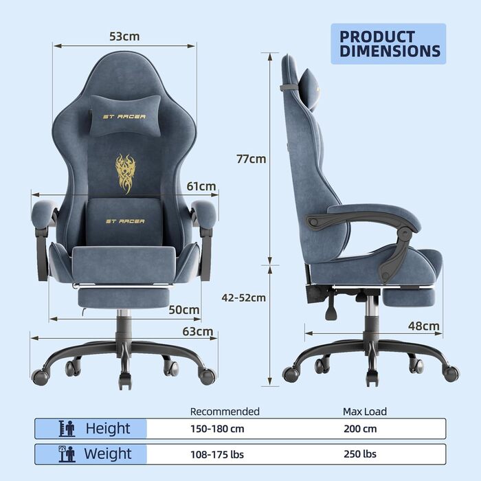 Геймерське крісло Ferghana Ergonomisch LW210: Сіре, з підголівником, підтримкою спини, підлокітниками та підставкою для ніг