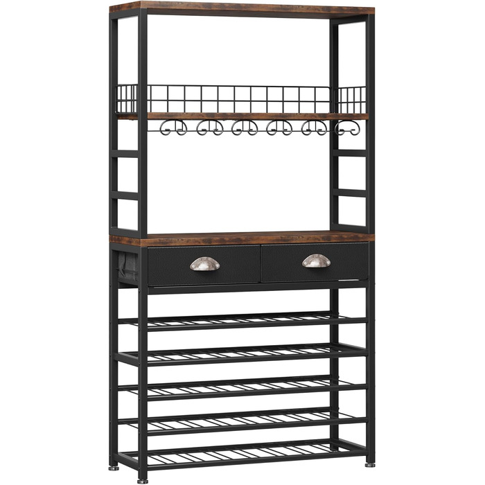 Homeiju Wine Rack, Freestanding Floor, Bar Cabinets for Liqueurs and Glasses, 4-Tier Bar Cabinet with Tabletop, Glass Holder, Storage Drawer and Wine Storage for Living Room, Kitchen, (Retro Black Brown)