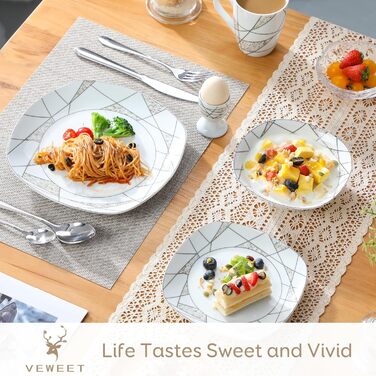 Набір посуду VEWEET 'Serena' з порцеляни, 24 елементи | 6 тарілок для сніданку, десерту, обіду та супу | Сервіз для 6 осіб, ресторану, сім'ї (білий)