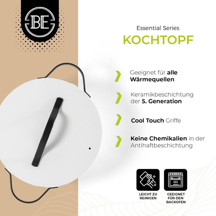 Каструля Be Living Essential з кришкою, 24 см, 7 л, з антипригарним покриттям Keramik Antihaft, для індукційних плит, без PTFE та PFOA, білий