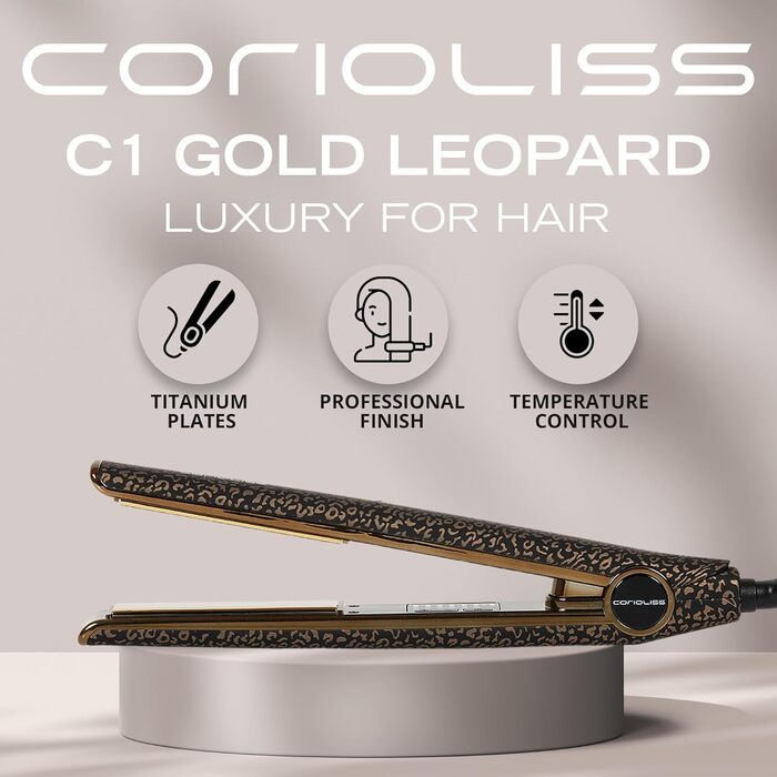 Випрямляч для волосся Corioliss C1 | Професійний випрямляч з титановими пластинами для тонкого волосся | Регулювання температури (Leopard Gold Soft Touch)