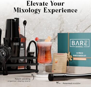 Bare Barrel® Cocktail Shaker Set - 14 Piece Mixology Bar Kit with Boston Shaker, Martini Accessories & Recipe Cards - Home Bartender Set