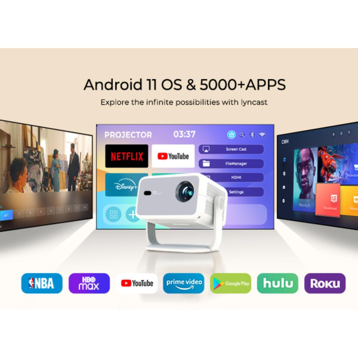 Портативний проєктор LYNCAST з Wi-Fi та Bluetooth, Android 11, 1080P/4K, поворотний на 180°, для домашнього кінотеатру та на відкритому повітрі (LumeCube 018 White)