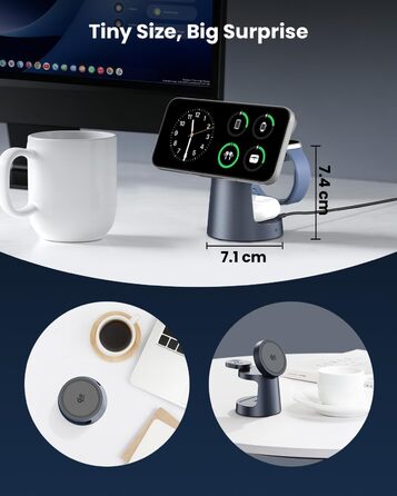 GEEKERA Qi2.2 25W 3-в-1 Бездротова зарядка з нічником: Складний MagSafe зарядний пристрій для iPhone 12-17, Apple Watch 2-11, AirPods + 45W GaN блок живлення (Gunmetal)