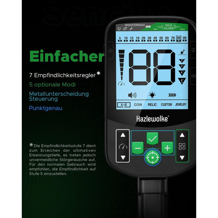 Металошукач Profi з водонепроникною котушкою 11'' DD, глибина виявлення 12''/30 см, висока чутливість до золота, 5 професійних режимів, Pinpoint для срібла