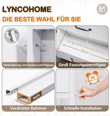 LYNCOHOME Chest of Drawers, Fabric Chest of Drawers, TV Stand Sideboard with 6 Fabric Drawers, Storage Cabinet Bedroom Drawer Chest Kitchen Organizers Furniture for Office Hallway (White-4*2l)